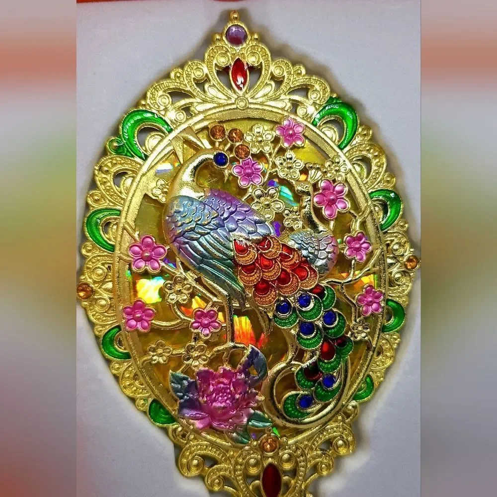 Vintage Peacock Mirror Comb Gift Box Set Yellow Gold Rhinestone Regency Vanity